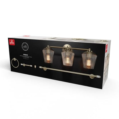 GLOBE Electric 63000063 5-Piece All-in-One Bathroom Set, Matte Brass Finish, 3-Light Vanity Light, Glass Shades, Towel Bar, Toilet Paper Holder, Towel Ring, Robe Hook, Bathroom Lights Over Mirror - color: Brass