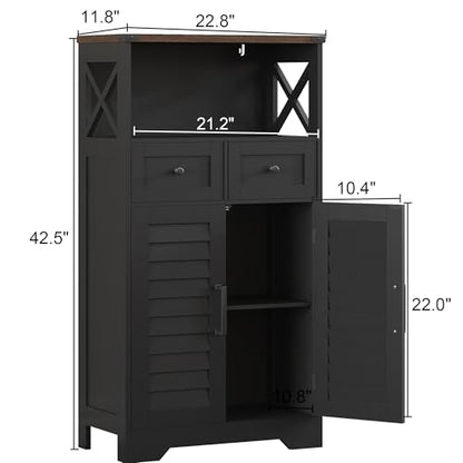 ChooChoo Farmhouse Storage Cabinet, Bathroom Floor Cabinet with Doors and Drawers, Kitchen Pantry Cabinet for Living Room, Laundry, Black