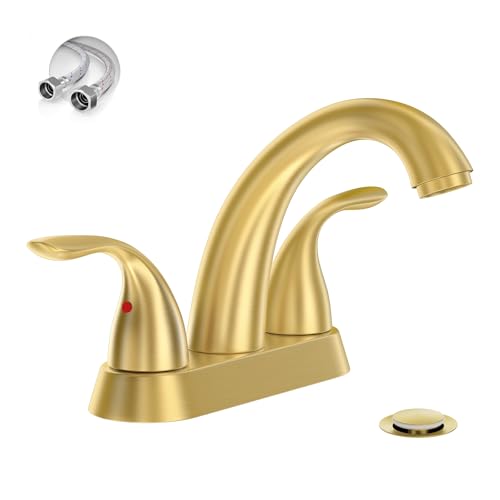 Brushed Gold 4 Inch Centerset 2 or 3 Holes 2 Handle Bathroom Faucet, Bathroom Faucet with Copper Pop Up Drain and Water Supply Lines, BF008-5-BG - color: Brushed Gold, style: 1 Pack