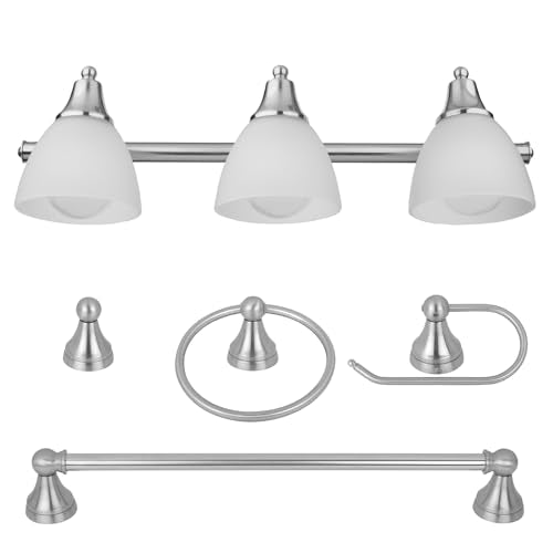 Globe Electric 50700 3-Light Vanity All-in-One Bathroom Set, 5 Piece Brushed Steel Finish, 70, Bulb Not Included - color: Brushed Steel