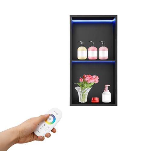 12 * 24In RGB LED Light Shower Niche, 2-Tier Stainless Steel Recessed Storage with Remote Control, Black No Tile Needed Wall Niche for Bathroom Storage Built-in Installation (12x24in RGB) - size: 12x24in RGB