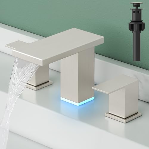 Hoimpro LED Bathroom Faucet 3 Hole Brushed Nickel Waterfall Sink Faucet 8 Inch Widespread Modern Vanity 2 Handle Wide Spread Bath Fixture Light Changing with Pop Up Drain Touch On Three Hole 3 Piece - color: Brushed, style: LED