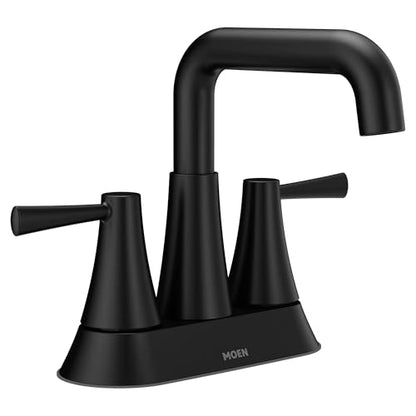 Moen Ronan Matte Black Two-Handle 4 in. Centerset Modern Double Bend Bathroom Faucet with Push-Down Drain, 84025BL - color: Matte Black, style: 2-Handle Centerset