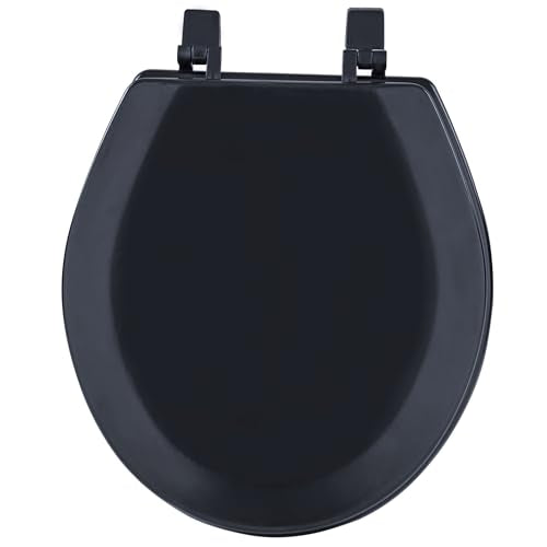 PowerSellerUSA Round Toilet Seat, Adjustable Hinges Wood Toilet Seats with Non Slip Grip Tight Bumpers, Standard Heavy Duty Wooden Bathroom Toilet Seat Close Lid Set, Black - color: Black - Wood, size: 17" Standard
