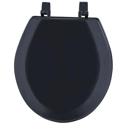 PowerSellerUSA Round Toilet Seat, Adjustable Hinges Wood Toilet Seats with Non Slip Grip Tight Bumpers, Standard Heavy Duty Wooden Bathroom Toilet Seat Close Lid Set, Black - color: Black - Wood, size: 17" Standard
