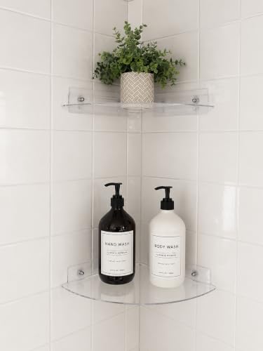 Bakzon Acrylic Corner Shelf 2 Pack, Adhesive Shower Caddy, 0.12" Thick Shatter-Resistant Clear Bathroom Corner Shelves for Tile Wall, No Drill Renter Friendly, 10×10 Inch, 20 lbs Capacity - style: Corner Shelf-Clear