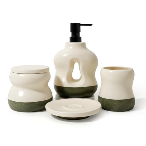 BosilunLife Ceramic Bathroom Accessories Set of 4, Wavy Hollow Soap Dispenser & Vanity Essentials, Two-Tone Beige with Textured Sand Base, Boho Wabi-Sabi Decor - color: Beige With Sage Base--four-piece Set