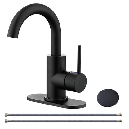 RKF Single-Handle Bathroom Sink Faucet, Swivel Spout, with Pop-up Drain with Overflow and Supply Hose,Bar Sink Faucet,Small Kitchen Faucet Tap,Matte Black,BF3501P-MB - color: 3501-Matte Black