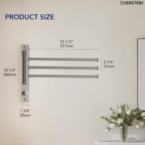 Swivel Towel Rack, Brushed Nickel, 12.5 in, 3-Arm Towel Bar | 304 Stainless Steel, Space Saving, Wall Mounted, With Hook - color: Brushed Nickel
