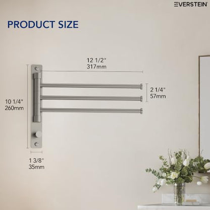 Swivel Towel Rack, Brushed Nickel, 12.5 in, 3-Arm Towel Bar | 304 Stainless Steel, Space Saving, Wall Mounted, With Hook - color: Brushed Nickel