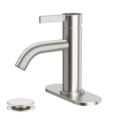 Brushed Nickel Bathroom Faucet Single Hole with Pop-Up Bathroom Drain and Flexible Hoses Single Handle Bathroom Sink Faucet w/Deck Plate(1 or 3 Hole) for Vanity Sinks, RV, Farmhouse - color: Brushed Nickel