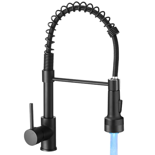 Kitchen Faucet with Pull Down LED Light Sprayer Black | Stainless Steel NSF Certified,1 Handle Faucet,Farmhouse Camper Laundry Utility Rv Wet Bar Sinks,Deck Plate 1,3 Hole - color: A - Black