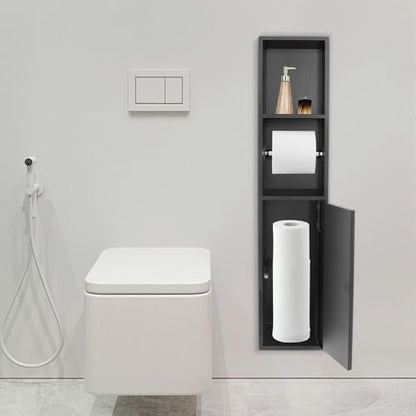 Recessed Toilet Paper Holder, 304 Stainless Steel Bathroom Toilet Paper Holder with Storage Cabinet for Toilet Brush Holder, Built-in Toilet Paper Dispenser (Black)