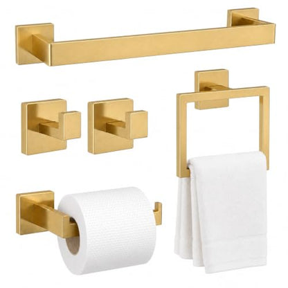 5-Piece Brushed Gold Bathroom Accessorys Stainless Steel Towel Bar Set | Square Wall Mounted Towel Rack with Toilet Paper Holder Towel Ring and Hook for Bathroom Outdoor Shower - color: Brushed Gold