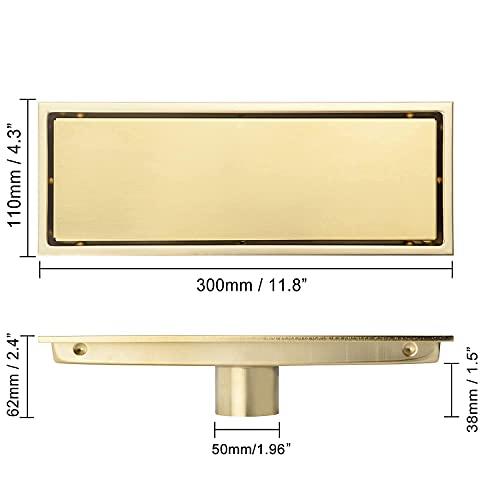 Linear Shower Drain Pipe 12 Inches Brushed Gold, with Tile Insert Grille, Detachable Hidden Cover, SUS304 Stainless Steel Rectangular Floor Drain - color: Brushed Gold