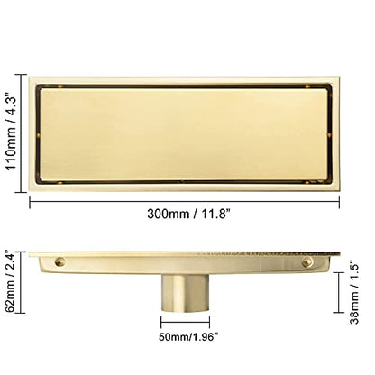 Linear Shower Drain Pipe 12 Inches Brushed Gold, with Tile Insert Grille, Detachable Hidden Cover, SUS304 Stainless Steel Rectangular Floor Drain - color: Brushed Gold