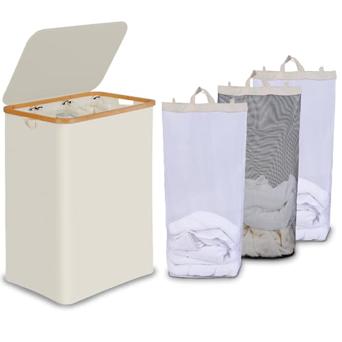 efluky Laundry Hamper with Lid, Trio Laundry Basket with 2 Removable Bags, 3 Section Laundry Bin with Bamboo Handles for Bathroom, Bedroom & Laundry Room, 160L (42.3 Gallon) Beige - color: Beige, size: 160L Trio