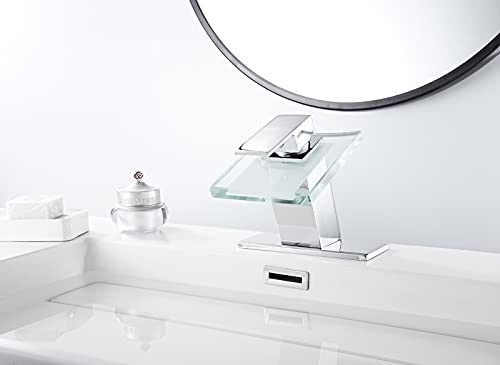 Waterfall Bathroom Sink Faucet Glass Spout One Handle with Deck Plate | Single Hole Basin Vanity Bathroom Sink Faucet Chrome Solid Brass Lavatory Bath Tap Modern Design - color: Chrome, style: No Led light