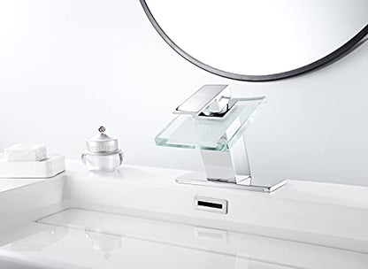 Waterfall Bathroom Sink Faucet Glass Spout One Handle with Deck Plate | Single Hole Basin Vanity Bathroom Sink Faucet Chrome Solid Brass Lavatory Bath Tap Modern Design - color: Chrome, style: No Led light