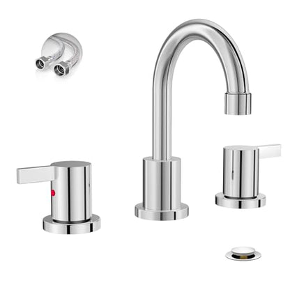 Phiestina 8 Inch 3 Hole Widespread Chrome Bathroom Faucet 2 Handle Bathroom Vanity Faucet with Metal Pop Up Drain & Water Supply line,BF03042-K01-C - color: Chrome - 8 IN