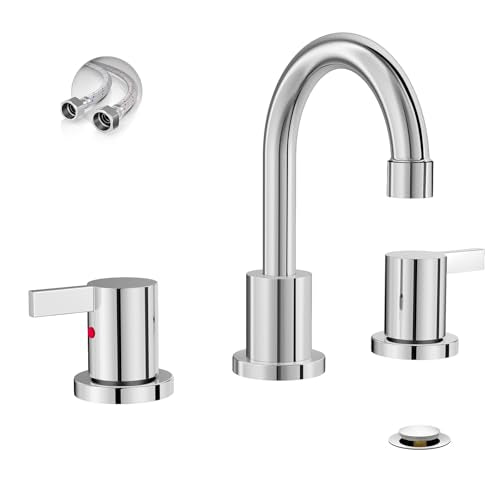 Phiestina 8 Inch 3 Hole Widespread Chrome Bathroom Faucet 2 Handle Bathroom Vanity Faucet with Metal Pop Up Drain & Water Supply line,BF03042-K01-C - color: Chrome - 8 IN