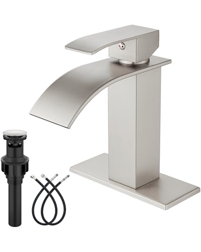 Midanya Waterfall Bathroom Faucet 1 Hole,Brushed Nickel | with 24” Hoses,Pop Up Drain,6” Deck Plate,for 1 or 3 Hole Vanity,Lavatory,RV,Single Handle Bathroom Sink Faucet,NSF Certified - color: Nickel