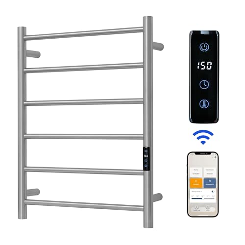 Electric Towel Rack with Voice Control for Alexa & Google Home,TUYA-Wall-Mounted Bathroom Heating Towel Warmer,Plug-in,26.77x20.47x4.39in,Stainless Steel Material,Brushed，6 Bars - color: Brushed With Wifi, size: 6 Bar
