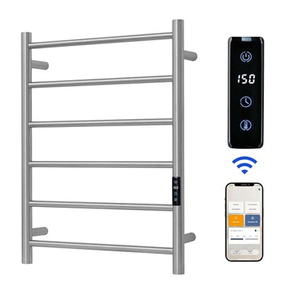 Electric Towel Rack with Voice Control for Alexa & Google Home,TUYA-Wall-Mounted Bathroom Heating Towel Warmer,Plug-in,26.77x20.47x4.39in,Stainless Steel Material,Brushed，6 Bars - color: Brushed With Wifi, size: 6 Bar