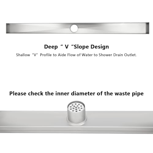 24 Inch Tile Insert Linear Shower Drain with Leveling Feet and Rubber Gasket 2" Outlet Plastic ABS Flange and Hair Strainer - Removable Brushed SS304 Grate - Fit 2" or 3" Pipe
