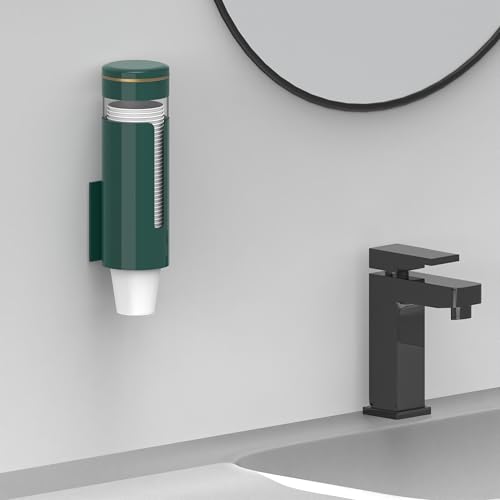 Wall Mounted Cup Dispenser for 5oz-8oz Disposable Cups - Pull Type Water Cooler Cup Holder with T-Shaped Window & Iron Clips, Dustproof Design for Family Bathroom, Office, Gym, Clinic (Green)