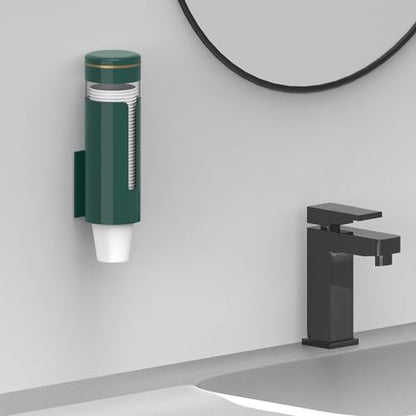 Wall Mounted Cup Dispenser for 5oz-8oz Disposable Cups - Pull Type Water Cooler Cup Holder with T-Shaped Window & Iron Clips, Dustproof Design for Family Bathroom, Office, Gym, Clinic (Green)