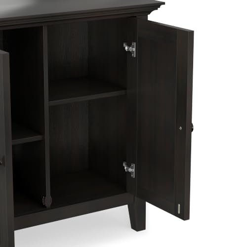 SIMPLIHOME Amherst 32" Wide Solid Wood Cabinet in Hickory Brown | Transitional-style low storage cabinet with adjustable shelves for organized living room, entryway or dining area storage.