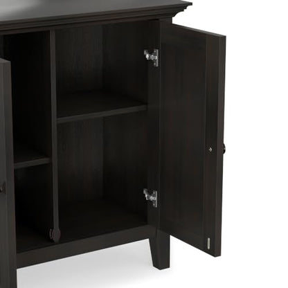 SIMPLIHOME Amherst 32" Wide Solid Wood Cabinet in Hickory Brown | Transitional-style low storage cabinet with adjustable shelves for organized living room, entryway or dining area storage.
