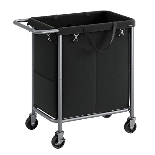 SONGMICS Laundry Basket with Wheels, 2-Section Rolling Laundry Hamper, 37 Gallons (140 L), Removable Liner, Steel Frame with Handle, 27.2 x 15.4 x 31.9 Inches, Ink Black URLS004B01 - color: Ink Black, size: 140 L (2-Section)