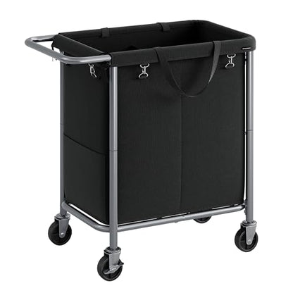 SONGMICS Laundry Basket with Wheels, 2-Section Rolling Laundry Hamper, 37 Gallons (140 L), Removable Liner, Steel Frame with Handle, 27.2 x 15.4 x 31.9 Inches, Ink Black URLS004B01 - color: Ink Black, size: 140 L (2-Section)