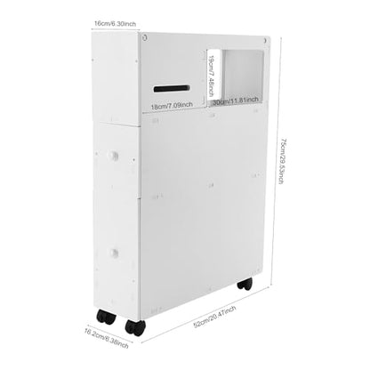 Narrow Bathroom Storage Cabinet with Wheels and Drawers, Slim Toilet Side Floor Cabinet, White Bathroom Organizer with Toilet Paper Holder for Small Spaces
