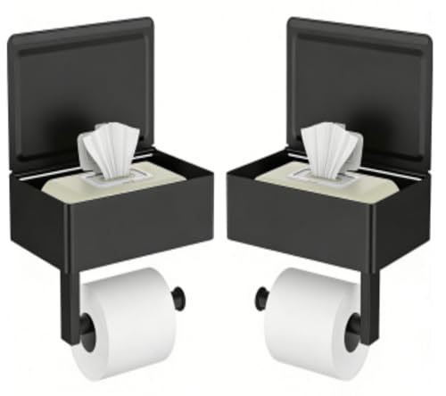 FORIOUS Toilet Paper Holder with Shelf, Wall-Mounted Modern Wipes Dispenser | Matte Black 2 Pack | Toilet Paper Holder with Storage | Flushable Wipe Dispenser for Bathroom | Sanitary Napkin Tampon Holder - color: Matte Black, size: 2 Pack-8" (L)