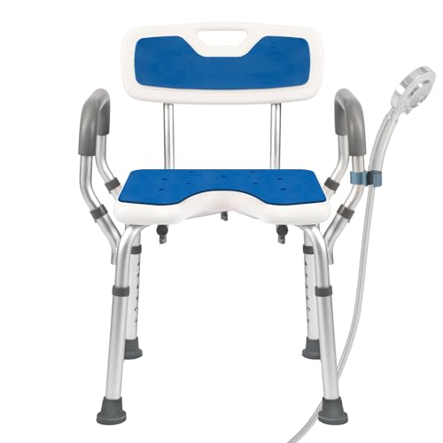 Shower Chair with Arms and Back Heavy Duty 330lbs, Shower Chair for Inside Shower, Shower Seat for Inside Shower Bathroom Chair with Cutout Seat & Cold-Proof Pads, Tools-Free Assembly - color: Blue Pad-standard