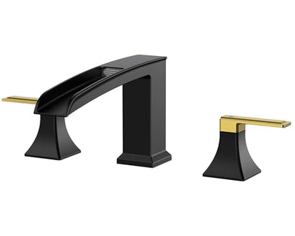 FORIOUS Roman Bathtub Faucet 3 Hole Deck Mount with 2 Handle Black and Gold | Tub Faucet for 3-Hole Set, 6-12" Centered Distance, Widespread Garden Bath Tub, Waterfall Spout, High Flow, Brass - color: Black and Gold