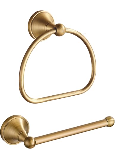 Brass Toilet Paper Holder Towel Ring, Antique Brass Towel Holder Toilet Paper Roll Holder, Rustic Towel Rack Bathroom Accessories Set Hardware 2 Pieces Farmhouse Wall Mounted - color: Antique
