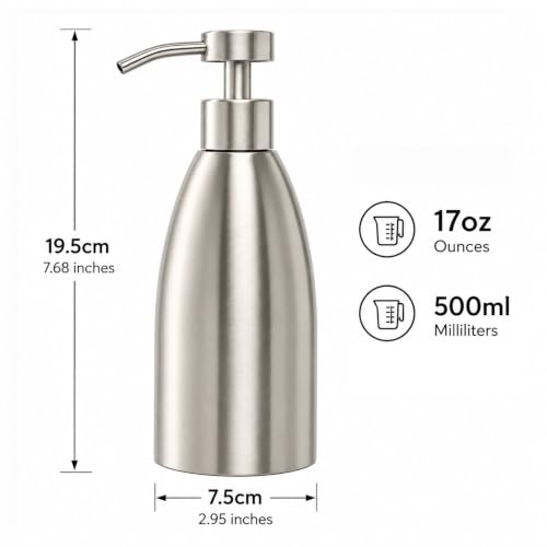 500ml Stainless Steel Foam Soap Dispenser, 17oz Refillable Brushed Nickel Hand Soap Pump Bottle for Bathroom Kitchen Sink, Rustproof Foaming Soap Dispenser for Dish Soap, Hand Wash & Lotion