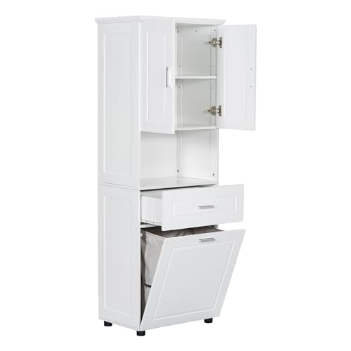 JIVOIT 70" H Tall Bathroom Cabinet with Laundry Basket, Double Storage Cabinets with Doors and Open Space, Tilt-Out Laundry Hamper and Upper Storage - color: White * 102