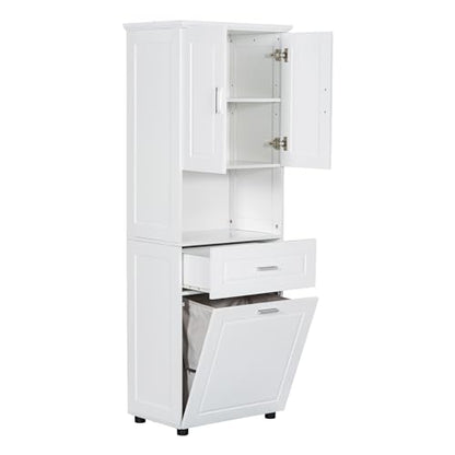 JIVOIT 70" H Tall Bathroom Cabinet with Laundry Basket, Double Storage Cabinets with Doors and Open Space, Tilt-Out Laundry Hamper and Upper Storage - color: White * 102