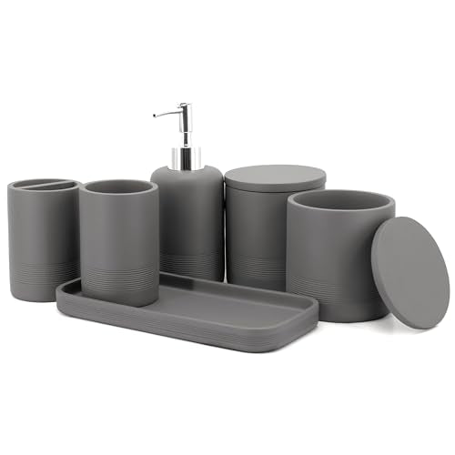 Gray Bathroom Accessories Set 6 Pieces - Toothbrush Holder, Lotion Dispenser, Qtip Container, Vanity Tray, Tumbler - Countertop Organizer for Bathrooms - Elegant and Functional Décor Set - color: Gray, size: 6pcs