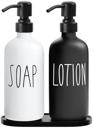 MOMEEMO Glass Soap Dispenser with Stainless Steel Pump, Contains Lotion Dispenser, Hand Soap Dispenser & Tray. (Black & White) | Contains Lotion Dispenser, Hand Soap Dispenser & Tray - color: S&l Black White With Tray