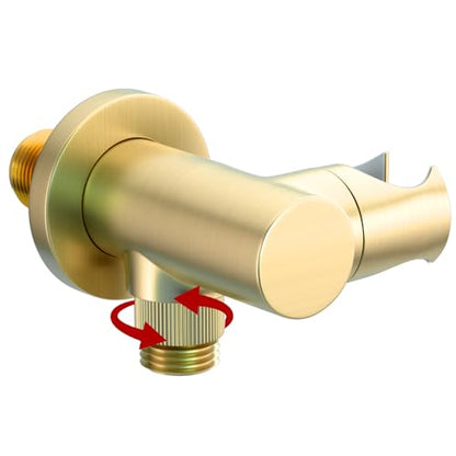 Bathroom Brass Round Water Supply Elbows Angle Adjustable Wall Mount HandHeld Shower Head Bracket with On/Off Flow Control Holder, Brushed Gold - color: Brushed Gold