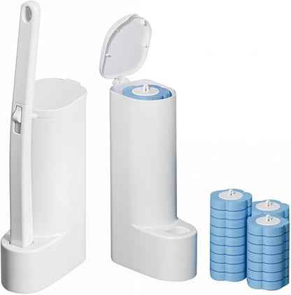 Disposable Toilet Brush and Holder Set, Dual Wands Starter Kit with 24 Refill Pads, Wall Mounted Toilet Bowl Cleaner with Integrated Solution for Deep Bathroom Maintenance