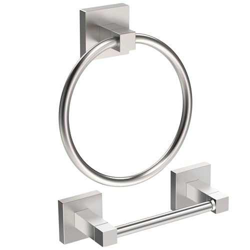 RUACQ Brushed Nickel Toilet Paper Holder & Towel Ring, Bathroom Accessories | 2-Piece Bathroom Hardware Set, Pivoting Tissue Roll Holder, Hand Towel Ring, Square Base, 304 Stainless Steel, Wall Mounted - color: Brushed Nickel, size: 2pcs