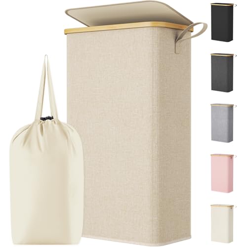 Lifewit 75L Slim Laundry Hamper with Lid, Narrow Laundry Basket with Removable Bag & Bamboo Handles, Fodable Thin Dirty Clothes Hamper for Laundry Collapsible Bin for Bathroom Bedroom Dorm, Beige - color: Beige, size: 75L