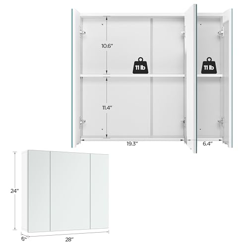 Yaheetech 28" White Bathroom Medicine Cabinet with 3 Frameless Mirror Doors | Bathroom Mirror with Storage, 28" x 24" x 6" MDF Wall Cabinet, Adjustable Shelf, Soft-Close Glass Doors, Frees Up Counters - style: 3 Doors
